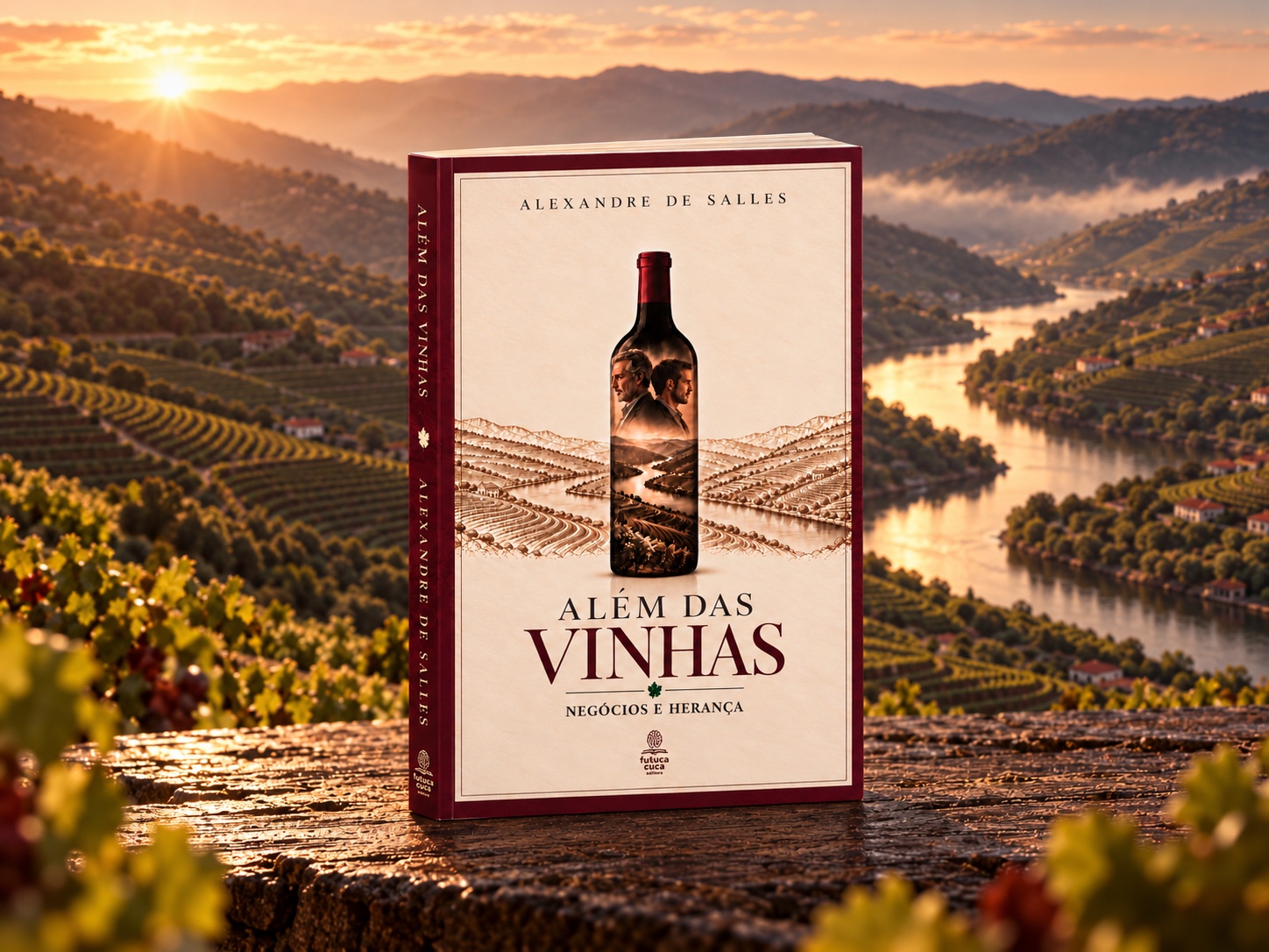 Composição conceitual com o livro Além das Vinhas em primeiro plano e um vinhedo com rio ao pôr do sol