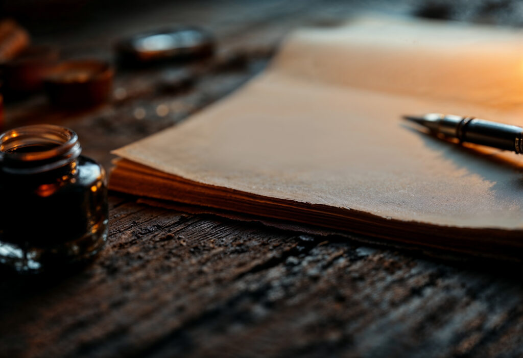 Cena intimista de escrita, com folhas em branco sobre uma mesa de madeira envelhecida, ao lado de um tinteiro e uma caneta metálica sob luz quente e suave.